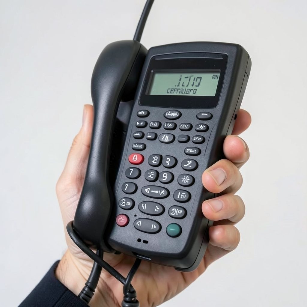 Teléfono y teclado sobre escritorio, tonos cálidos naranja y madera