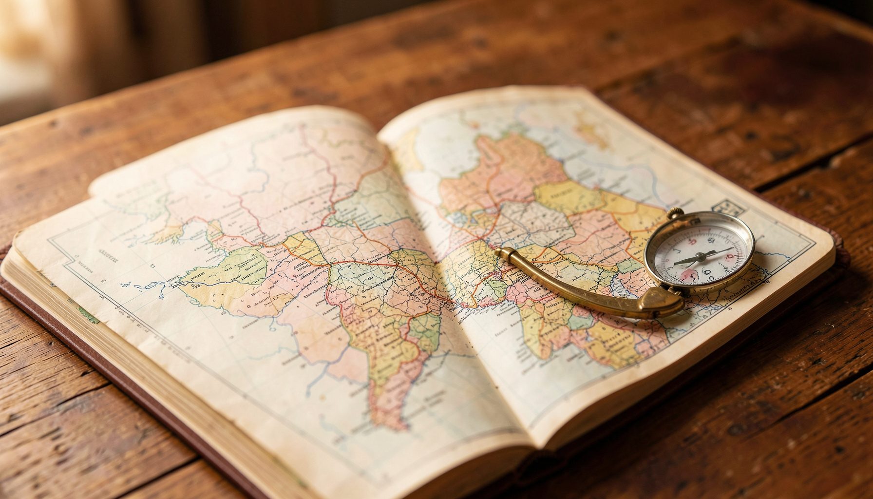 Cuaderno de viaje abierto sobre una mesa de madera con un mapa y una brújula, tonos cálidos y acogedores
